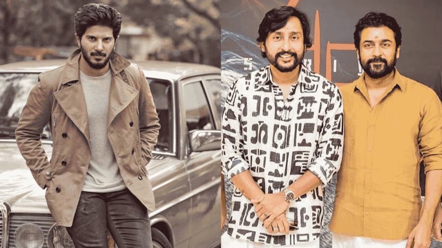 Dulquer Salmaan in front of a car, Suriya and RJ Balaji during a promotional event for the movie Karuppu