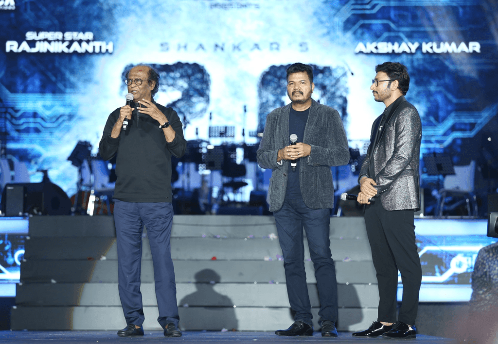 rajinikanth, shankar and rj balaji at 2.0 event