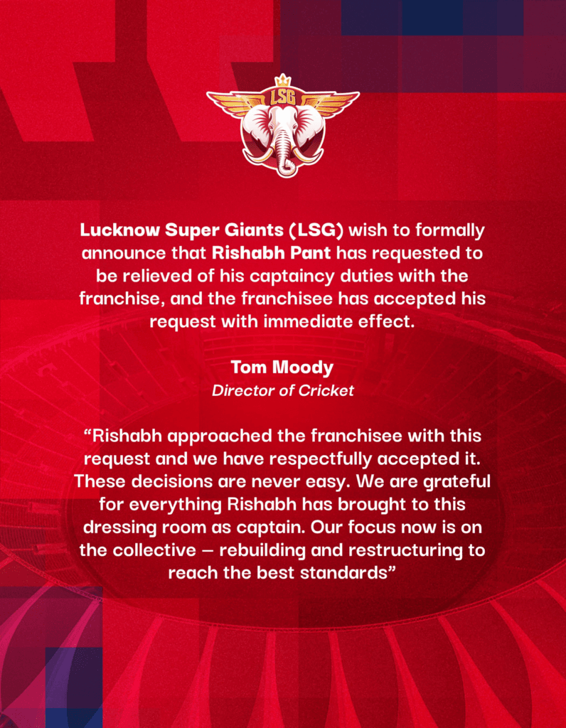 Official announcement of Rishabh Pant leaving LSG captaincy