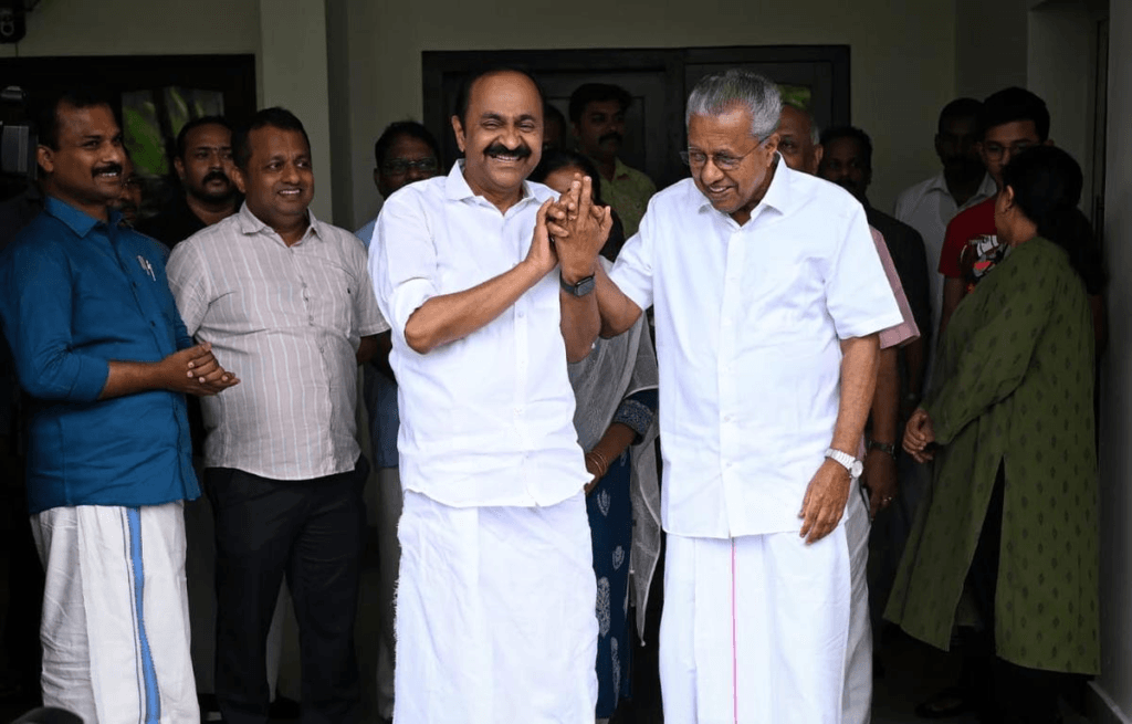 Kerala Chief Minister-designate VD Satheesan arriving at Pinarayi Vijayan's residence in Thiruvananthapuram on May 15, 2026