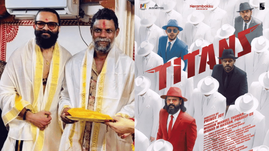 jayasurya and vinayakan at pooja, titans first look poster