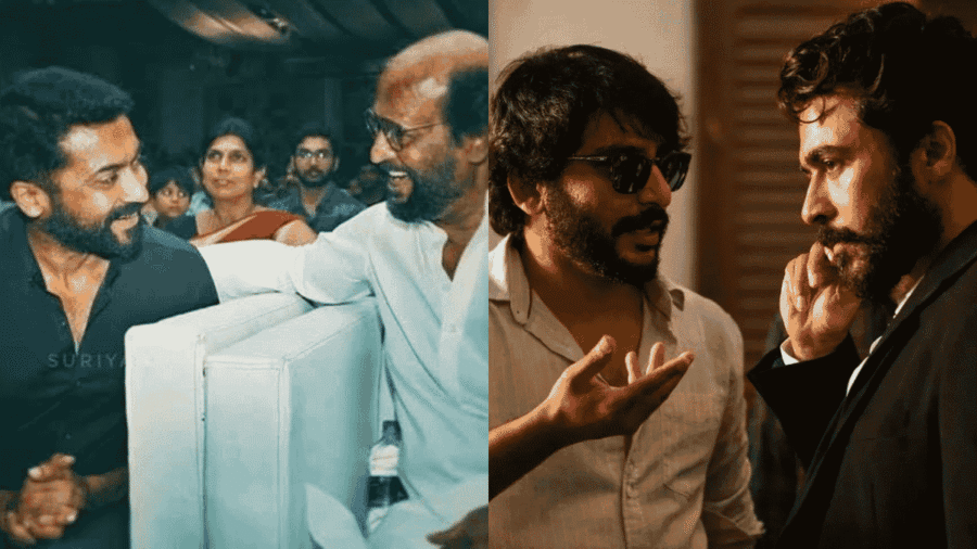 suriya with rajinikanth, suriya with rj balaji shooting karuppu