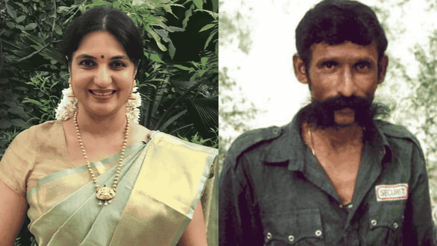 Side-by-side portraits of actress Sukanya, smiling in a light green saree with flowers in her hair, and notorious poacher Veerappan, a mustached man in a dark shirt, standing outdoors against a bright blurred background