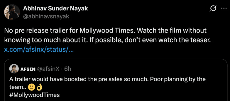 Abhinav Sunder Nayak tweet about no trailer