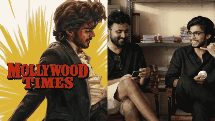 naslen in mollywood times artwork, naslen with abhinav sunder nayak in mollywood times sets